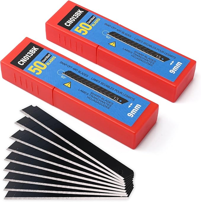 FOSHIO 100PCS 60 Degree Carbon Steel Snap Off Blades 9mm for Box Cutters Utility Knife Universal Art Knife Replacement Black Blades