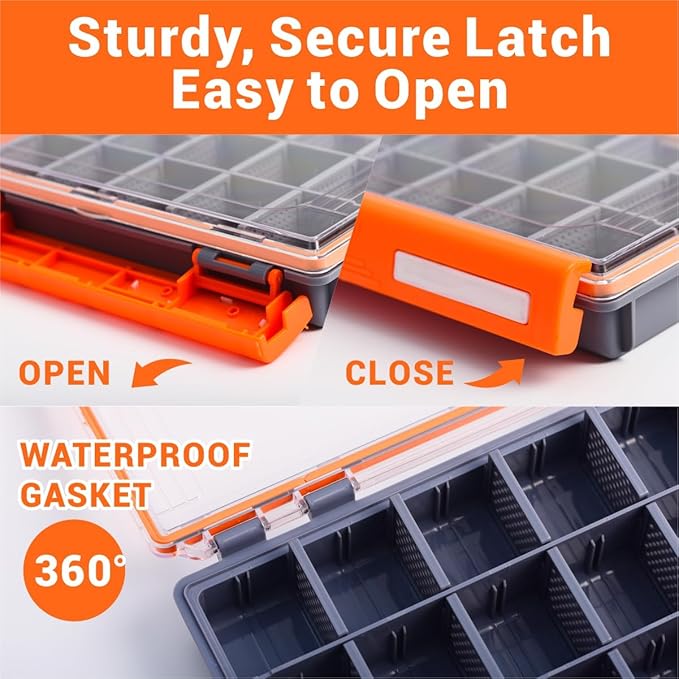 HyperSeal Waterproof Fishing Tackle Box with 3600 and 3700 Trays and Removable Dividers for Lure and Terminal Tackle Storage (Orange, 3600(10.75x7.13x1.8 in)