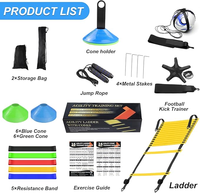Speed Agility Training Equipment Set, Agility Ladder 20ft, 12 Football Cones, Resistance Parachute/Soccer Kick Trainer, Jump Rope, 5 Resistance Bands, Football Practice Equipment for Kids Adults