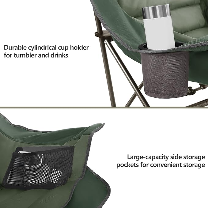 Oversized XL Padded Camping Chair Set of 2 Wide Heavy Duty Lawn Chairs Support 450 LBS Portable Folding Gaint Plus Camp Chair for Outdoor Outside Sports Baseball Soccer-Green