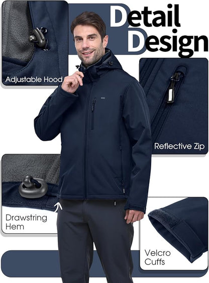 33,000ft Men's Softshell Jacket with Hood Fleece Lined Windbreaker Lightweight Waterproof Jackets for Hiking
