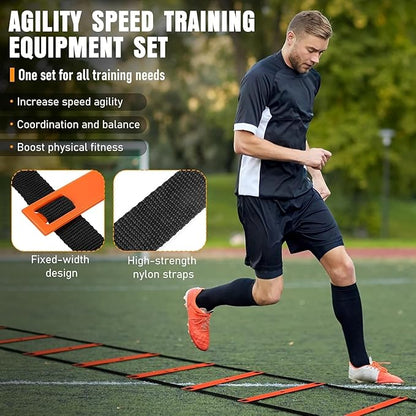 Agility Ladder & Soccer Goal Training Set, 20ft Speed Ladder with Cones, Hurdles, Jump Rope & Parachute, Plus 2 Pack Pop Up Kids Soccer Goals with Ball & Cones for Backyard Sports Practice