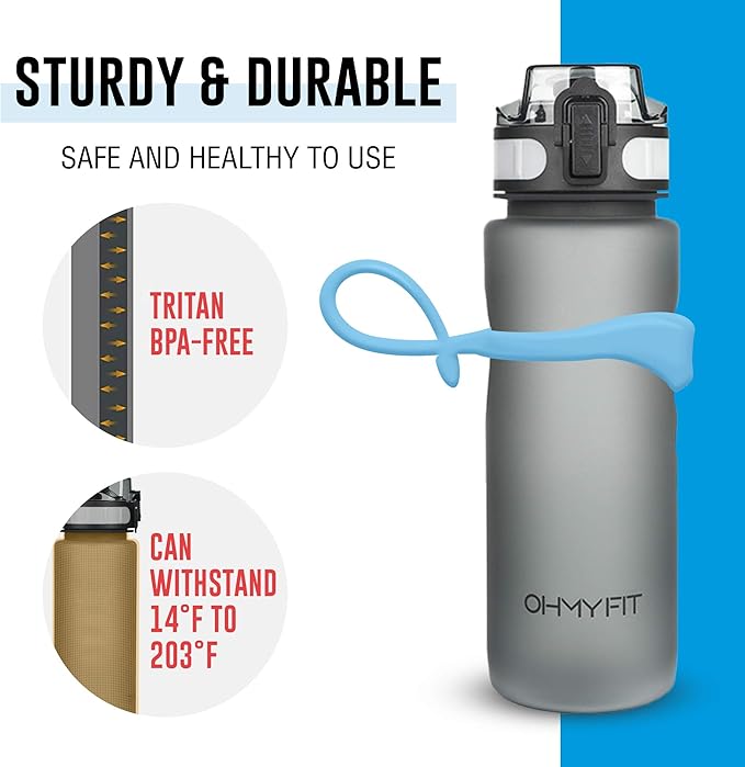 Tritan Sports Water Bottle with Magnetic Silicone Carry Strap & One Click Open Cap - Magnetic Drink Holder for Metal Equipment - Bottle w/Straps for Backpack, Belt & More (18oz, Sky Blue)