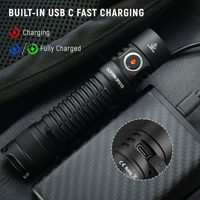 Sofirn SP31 V3.0 Tactical Flashlight Rechargeable, 2000 High Lumen Pocket Flashlight with Powerful LED, Dual Switches and Battery for EDC, Home, Emergency, Heavy Duty, IP68 Waterproof / Compact Built