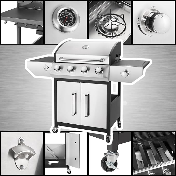 4-Burner Propane Gas BBQ Grill with Side Burner, Barbecue Gas Grill with Enameled Cast Iron Grates for Outdoor Patio Garden Barbecue, 53,000 BTU, Stainless Steel Grill Cover included