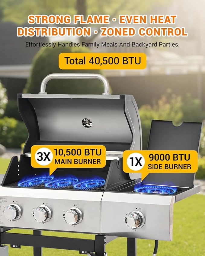40,500 BTU 3-Burner Propane Gas Grill with Side Burner,Stainless Steel Outdoor BBQ Grill Portable with Wheels and Cast Iron Grates for Patio Garden Barbecue Cooking