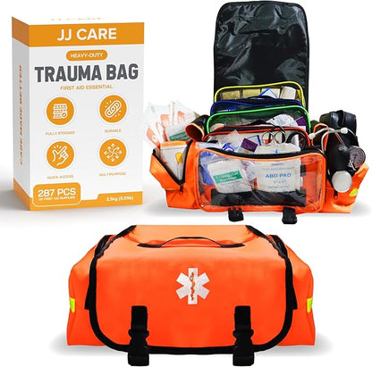 JJ CARE Trauma Bag (287 pcs), Fully Stocked EMT Medical Bag for Professionals, First Aid Emergency Medical Kit, First Responder Kit Essentials with Organizer Pouch