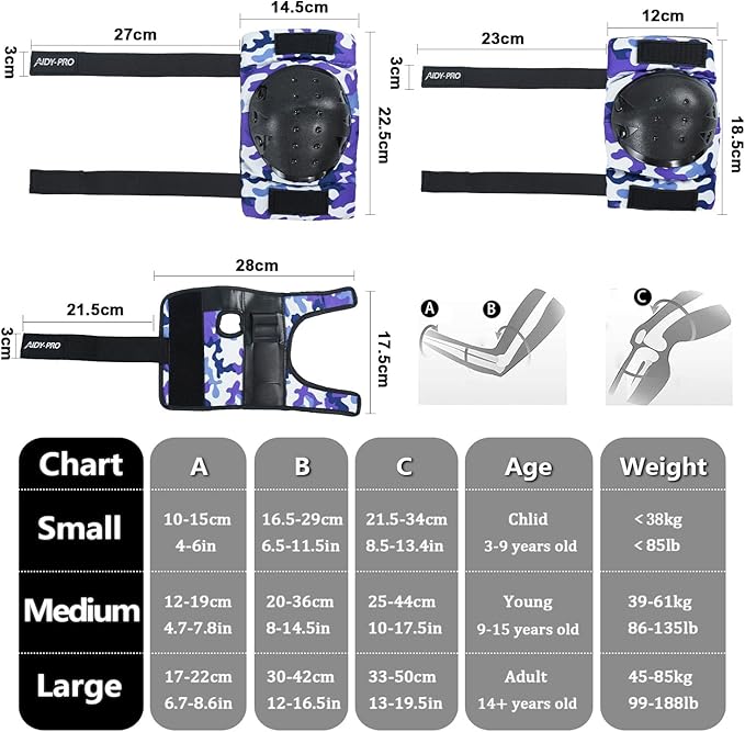 Adult/Youth/Kids Knee Pads and Elbow Pads Set Skateboard Protective Gear, 6 in 1 Knee Guards Kids Wrist Guards for Roller Skating Skateboarding Biking