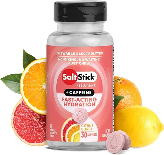 SaltStick Electrolyte FastChews with Caffeine - 60 Citrus Burst Chewable Tablets - Salt Tablets for Running and Hydration, Electrolyte Chews - 60 Count