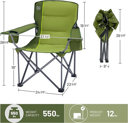 TIMBER RIDGE Oversized Folding Camping Chair for Adults, Support 550 LBS Heavy Duty with Cup Holder Side Pocket for Camp, Lawn, Picnic, Green, 2 Pack