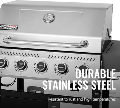 Royal Gourmet GA5406TS 5 Burner Propane Gas Grill with Side Burner and Sear Burner, Cart Style Gas BBQ Grill with Porcelain-Enameled Cast Iron Grates for Backyard Cooking, Silver & Black