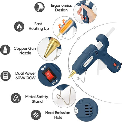 ROMECH Full Size Hot Glue Gun with 60/100W Dual Power and 21 Hot Glue Sticks (7/16"), Fast Preheating Heavy Duty Industrial Gluegun with Storage Case for Crafting, DIY and Repairs (Blue)