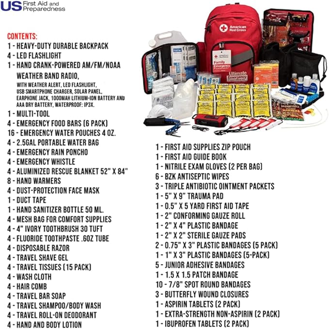 American Red Cross Officially Licensed Product |3-Day Emergency Preparedness Deluxe Backpack | 72 Hour Survival Supplies for 4 People | Water, Phone Charger, Blanket, Food