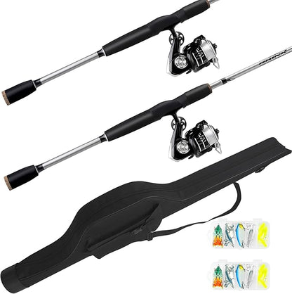 2-Piece Fishing Rod and Spinning Reel Combos with Lures Set Fishing Bag Portable Fishing Rod Kit for Saltwater Freshwater Travel Fishermen Gift