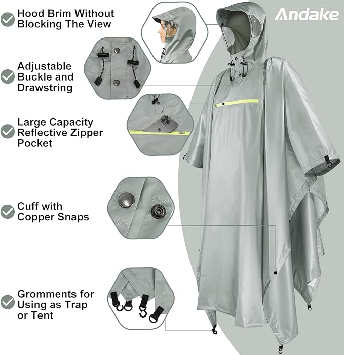 Andake Waterproof Rain Poncho for Adults Unisex,230T Ripstop Polyester,Raincoat Gear with Transparent Viewing Window Outdoors