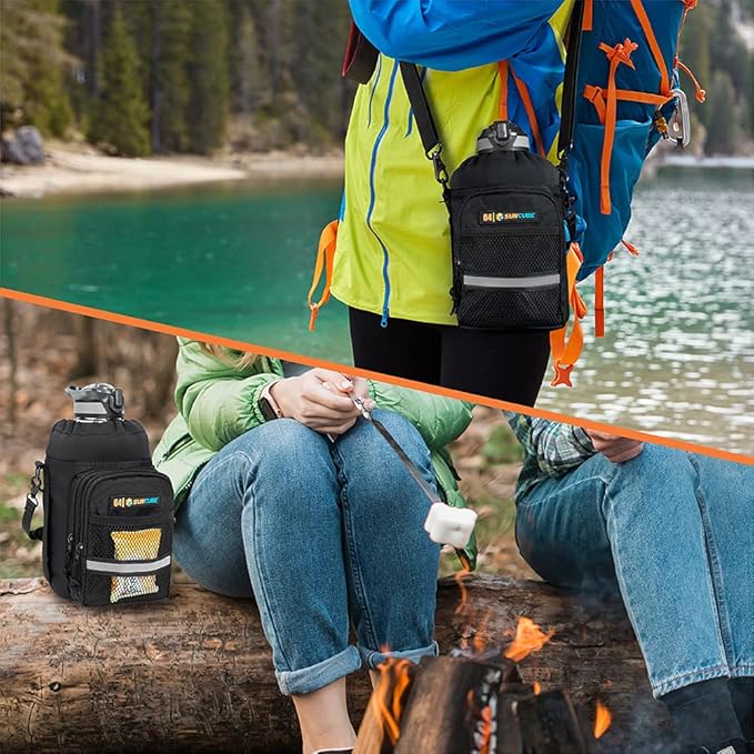 SUN CUBE Water Bottle Carrier with Strap, Insulated Water Bottle Carrier Bag with Phone Pocket Pouch, Sleeve Sling Purse Crossbody Bottle Holder for Walking, Sports, Hiking Accessories 40/64 oz