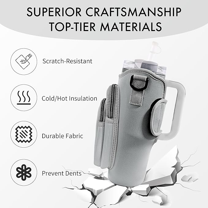 Water Bottle Carrier Bag with Phone Pocket for Stanley Cup 40/30 oz, Water Bottle Holder with Adjustable Strap& Straw Cover, Stanley Cup Accessories