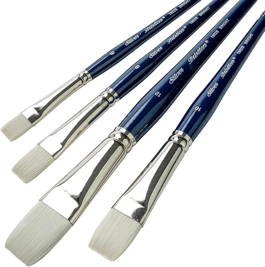 Silver Brush Limited BR-1959S Bristlon Short Handle Bright Brushes with Stiff White Synthetic Tips, 4pc Premium Artist Painting Bundle for Acrylic, Oil, Watercolor, & All Media, Sizes 6, 8, 10, and 12