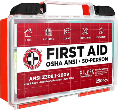 Be Smart Get Prepared OSHA/ANSI First Aid Kit - 50 Person, 250 Pieces - Designed for Home, Business, School, Industrial, and Restaurants - Compact & Portable
