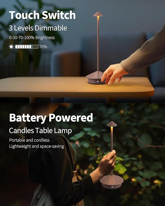 Modern Cordless Table Lamp Set of 2, Portable LED Desk Lamps, 5000mAh Rechargeable Battery Operated Lighting for Bedroom Dining Room Restaurant Coffee Shop Camping Night Light (Brown)