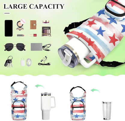 July 4th Stripes Stars White Water Bottle Holder with Strap Insulated Water Bottle Carrier Crossbody Bags Pouch with Phone Pocket for Travel Gym Hiking Walking Running