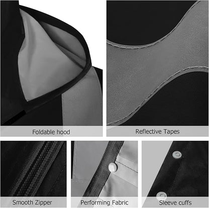 Rain Jacket, High Visibility Rain Coat, Waterproof Raincoat with Hood, Lightweight Rain Suit for Outdoor Activities, Rain Ponchos for Adults Reusable, Men Women, Black T, XXL-3XL