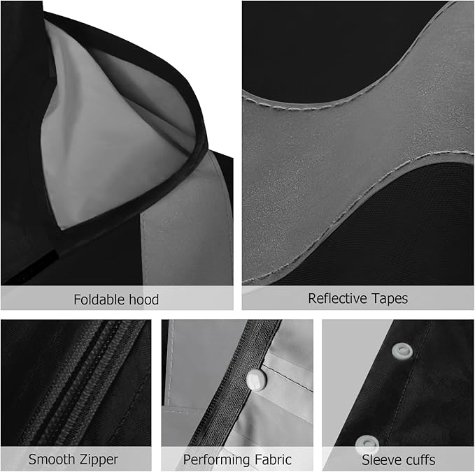 Rain Jacket, High Visibility Rain Coat and Pants, Waterproof Raincoat with Hood, Lightweight Rain Suit for Outdoor Activities, Rain Ponchos for Adults Reusable, Men Women, Black B, 4XL-5XL