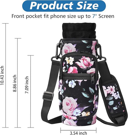 32 40 oz Water Bottle Carrier with Strap, Neoprene Water Bottle Sleeve Bag with 2 Pockets Insulated Flask Sling Holder for Walking Hiking Gym