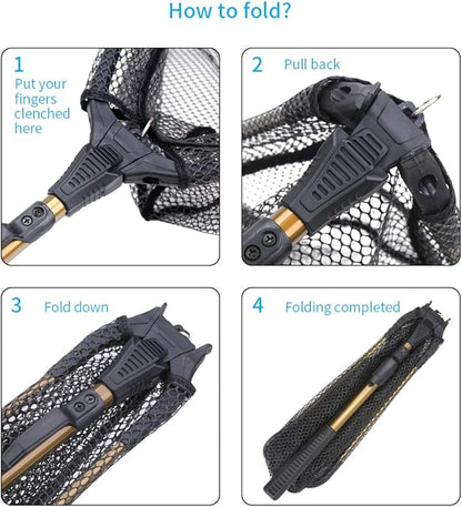 YVLEEN Folding Fishing Net - Foldable Fish Landing Net Robust Aluminum Telescopic Pole Handle and Nylon Mesh 16inch Hoop Size