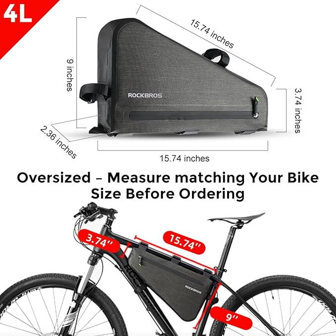 ROCKBROS 4L Bike Bicycle Frame Bag Waterproof Bikepacking Bike Bag Triangle Frame Bag Large Bike Storage Bag Under Frame
