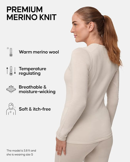 DANISH ENDURANCE Merino Wool Long Sleeve for Women, Thermal Vests for Women, Base Layer Underwear Tops, Winter Thermals