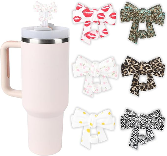 6 Pack Printed Bow Straw Toppers, Silicone 10mm/0.4In Reusable Dust-Proof Straw Cover Caps for Stanley Cup 30&40oz, Tumblers Accessories Gift (6 Colors)