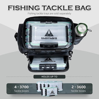 Ghosthorn Fishing Tackle Bag with Rod Holder Saltwater & Freshwater Resistant Large Tackle Box Bag - Adjustable Padded Shoulder Strap (Black Camouflage)