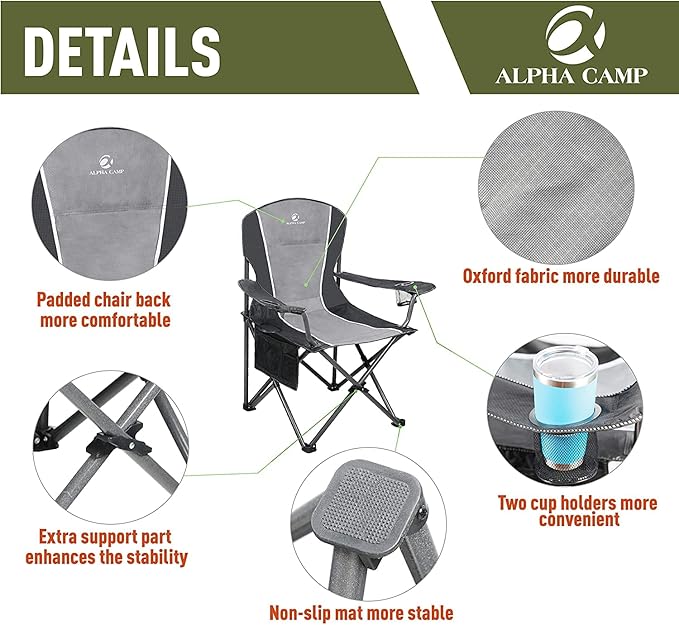 ALPHA CAMP Oversized Camping Folding Chair - Heavy Duty Steel Frame Support 350 LBS, Collapsible Padded Arm With Cup Holder, Quad Lumbar Back, Portable for Outdoor/Indoor
