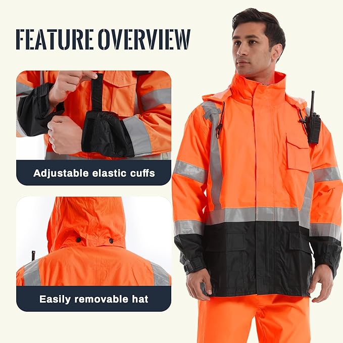 SKSAFETY Hi Vis Reflective Rain suits for Men Waterproof - High Vis Safety Rain Jacket, High Visibility Raincoat for Men