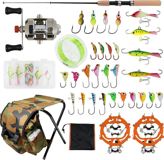 Ice Fishing Rod Reel Combo Complete Set Ice Fishing Gear with Backpack Seat Ice Cleats Ice Fishing Jigs Line Full Ice Fishing Kit