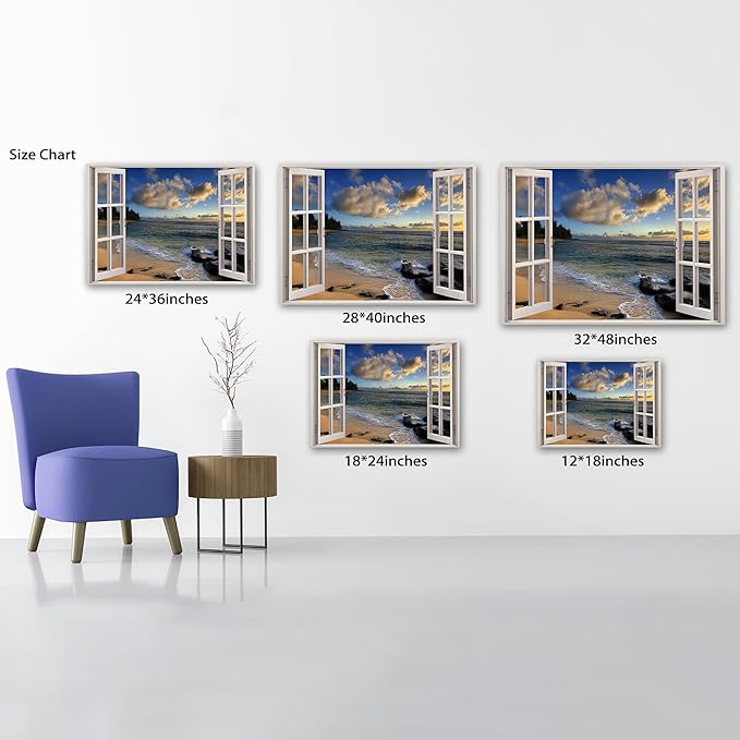 ANRUOXI Beach Pictures Wall Art Decor for Living Room, Blues Ocean Painting Decor for Bedroom, White Window Frame Style Sunset Sea Canvas Wall Decor, Coastal Landscape Artwork for Office 18x24 Inch