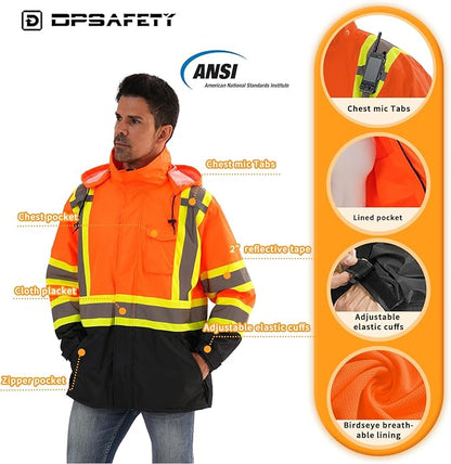 Reflective Rain jackets for men waterproof,Hi Vis Safety Coat With Reflective Strips，High Visibility Class 3 Rain jackets With 2 large pockets，Zipper,Orange,SM/MD