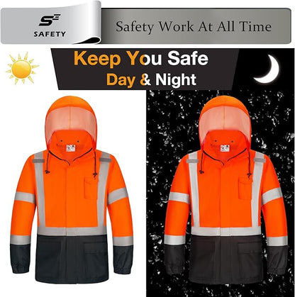 sesafety Hi Vis Rain Jacket, Rain Suits for Men Waterproof withBlack Bottom, Rain Coats for Men Interior Mesh, Class 3 HighVisibility Rain Gear,Removable Hood