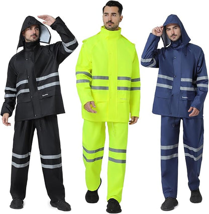 Rain Suit, High Visibility Reflective Safety Jacket, Lightweight Rain Gear, Waterproof Rain Jacket with Pants