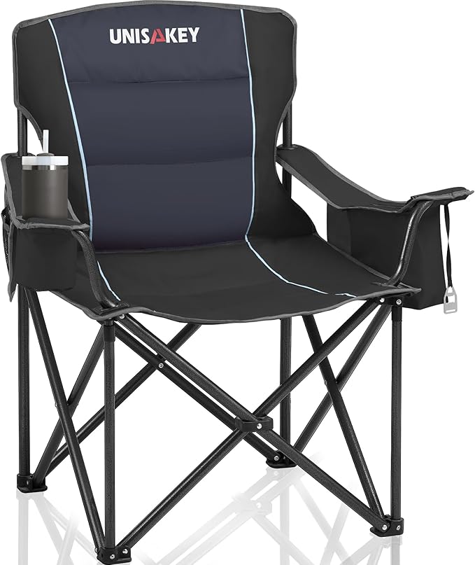 Oversized Folding Camping Chair for Adults - 450lbs Support - Heavy Duty Portable Lawn Chairs with Side Pocket Cup Holder Cooler Bag for Sports Garden Beach Fishing, Black