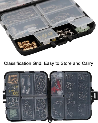 Fishing Accessories Kit with Hooks, Bass Casting, Sinkers, Swivels, Snaps, Sinker Slides, Line Beads, Fishing Set with Tackle Box Lanyard