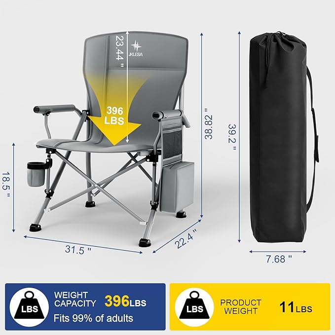 XL Heavy Duty Camping Chair 396lb Capacity (525lb MAX) - Waterproof 1680D Oxford - Oversized 2" Thick Padded Seat with Cup Holder & Cooler - Portable for Camping, Beach, Tailgating Solid Slate