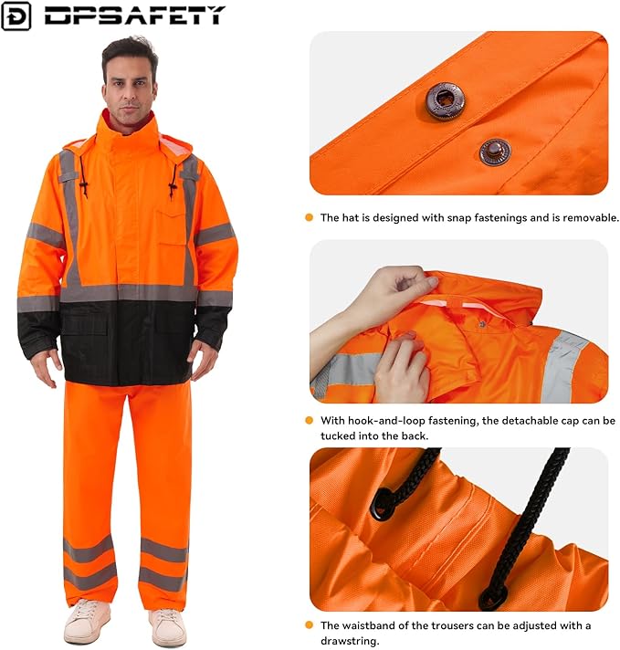 Hi Vis Safety rain Jacket，Reflective Class 3 Rain coat with Inner Mesh Lining and Pockets High Visibility Waterproof work Rain Suits for men&women（Tangerine,2XL/3XL）