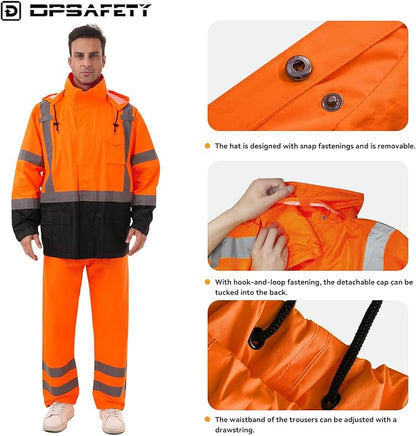 Hi Vis Safety rain Jacket，Reflective Class 3 Rain coat with Inner Mesh Lining and Pockets High Visibility Waterproof work Rain Suits for men&women（Tangerine,2XL/3XL）