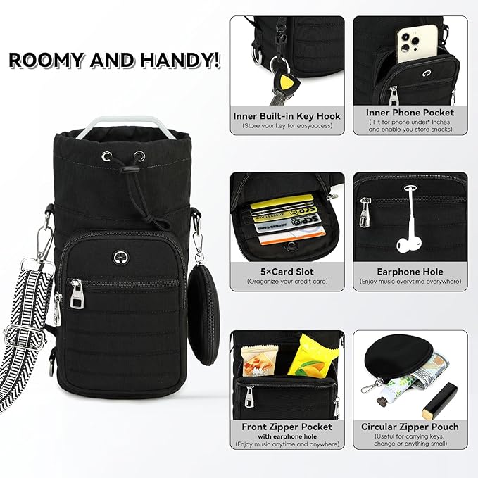 Water Bottle Carrier Bag with Strap, Sling Bag for Walking, Hiking, Cycling, Black, 40 Ounces