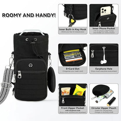 Water Bottle Carrier Bag with Strap, Sling Bag for Walking, Hiking, Cycling, Black, 40 Ounces