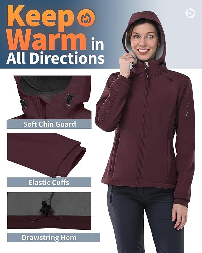 Outdoor Ventures Women's Softshell Jacket with Hood Fleece Lined Warm Lightweight Waterproof Insulated Windbreaker