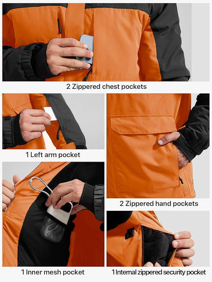 FREE SOLDIER Men's Waterproof Ski Jacket Fleece Lined Warm Winter Snow Coat with Hood Fully Taped Seams