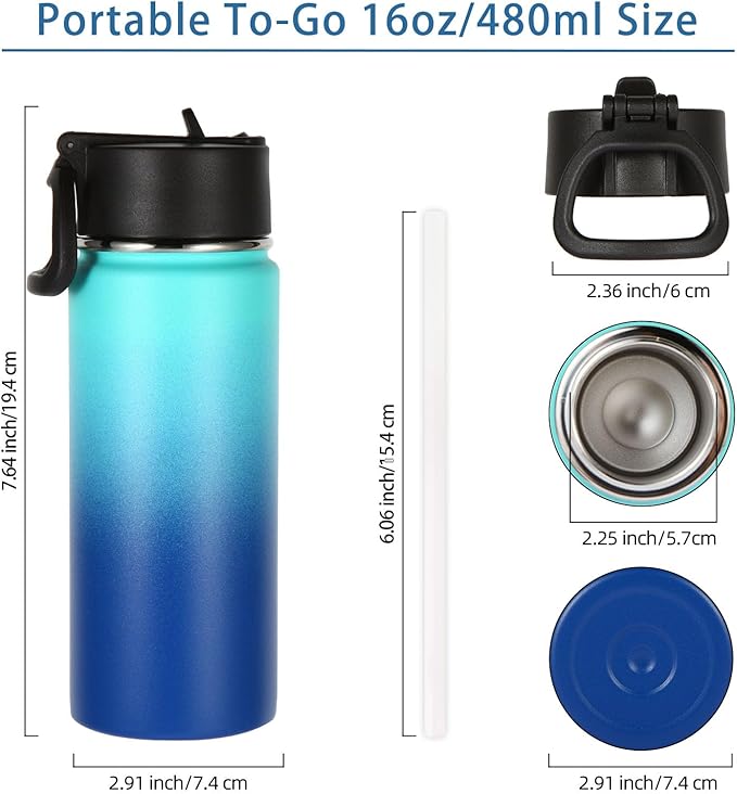 Volhoply 16 OZ Kids Water Bottle Bulk 4 Pack,Insulated Sports Bottles with Straw Lid,Stainless Steel Bottle with Handle Keep Cold & Hot,Double Wall Vacuum Tumbler Cups for School(Green Blue, 4)